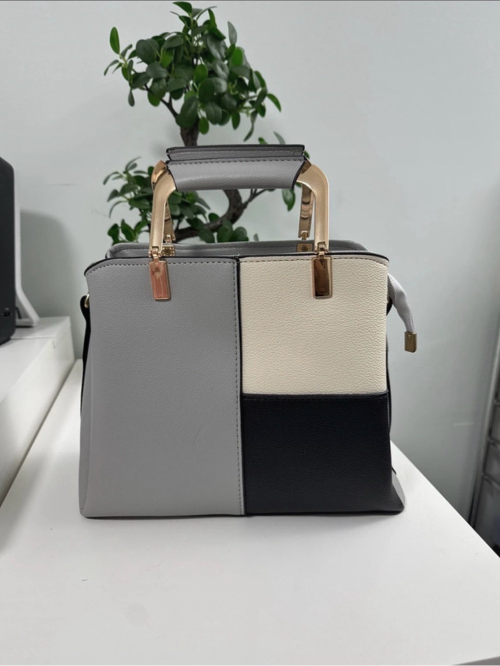 Structured Colorblock Top-Handle Bag in Gray, Cream & Black